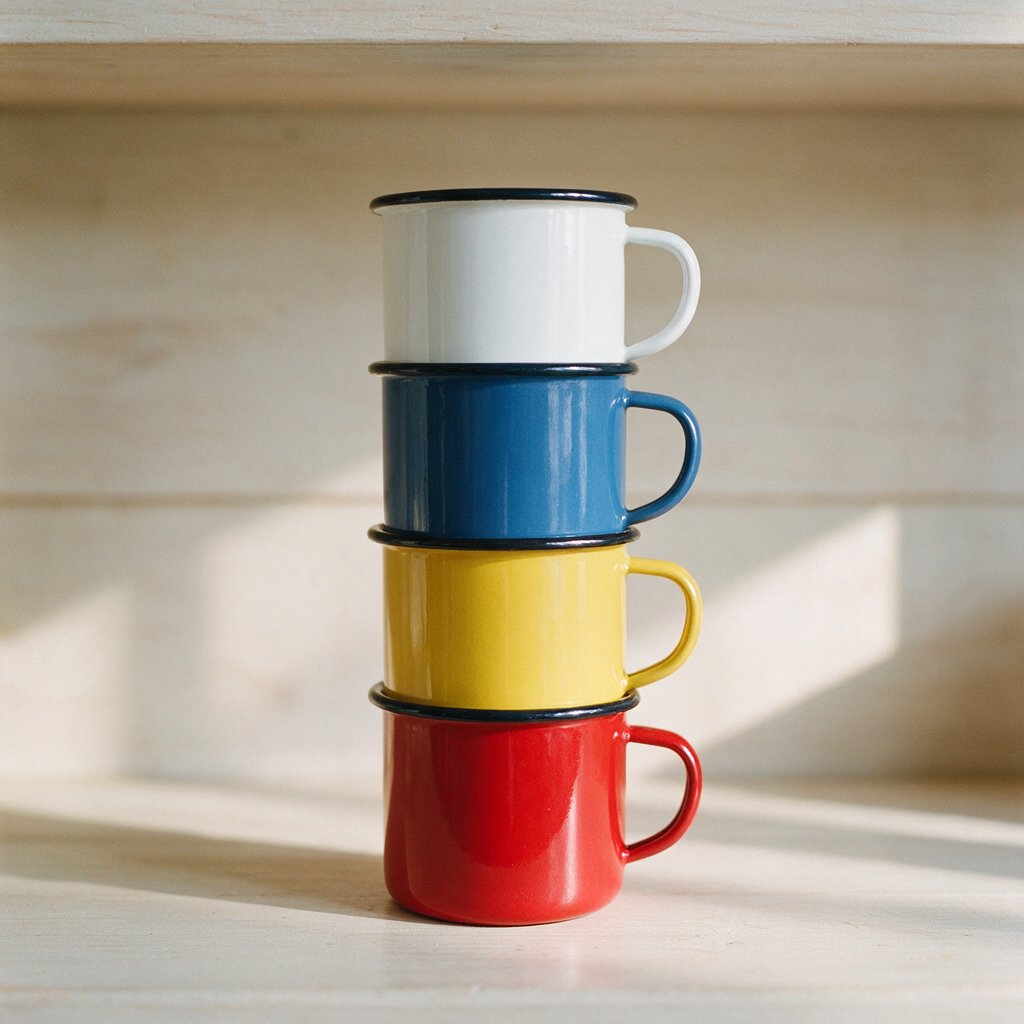 Exactly four enamel camping cups form a vertical tower on a pale wooden shelf, bottom to top: red, yellow, blue, white; all handles face right. Soft morning light, nothing else. — Seedream 5.0 Pro