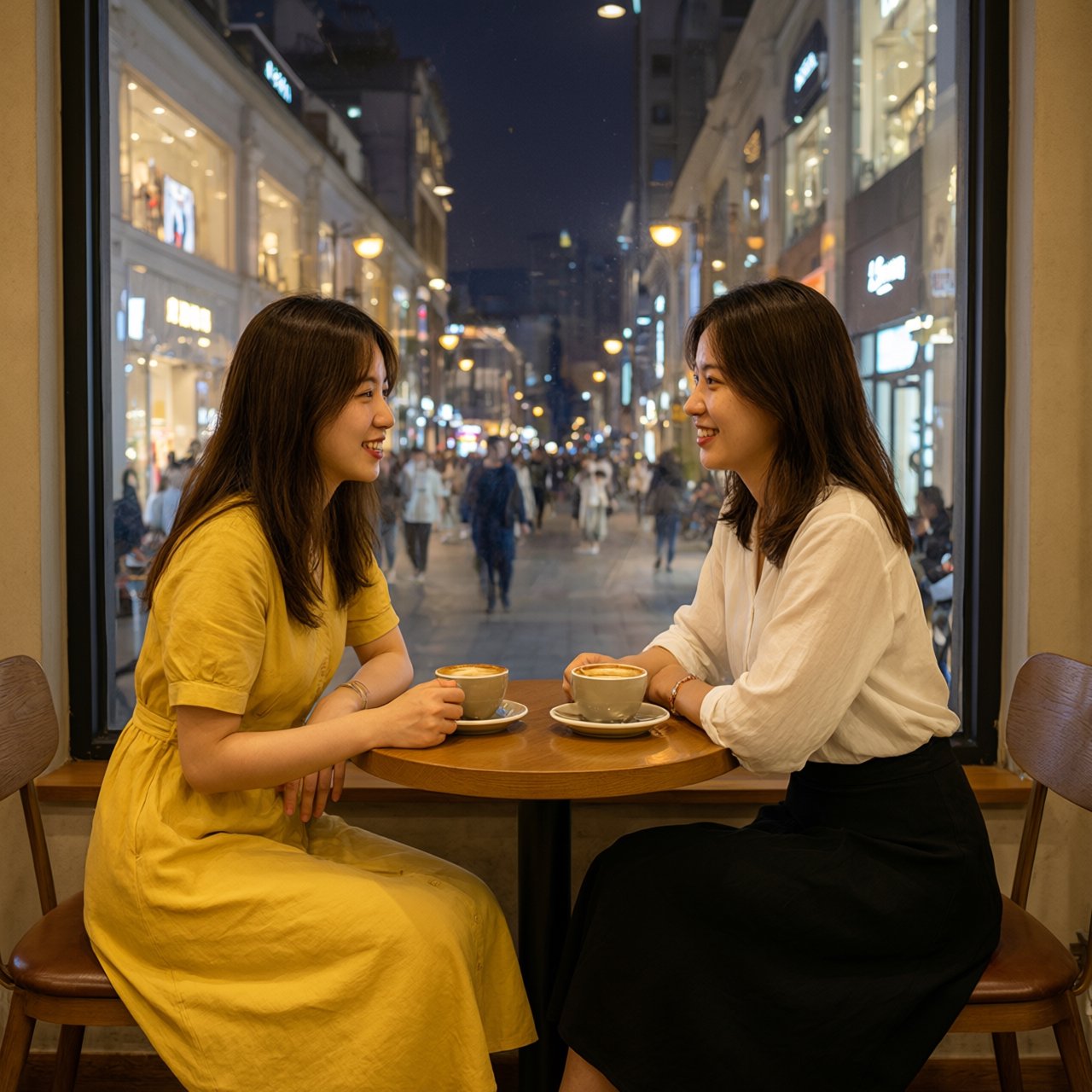 A cozy nighttime café scene featuring two young adult Chinese women seated at a table by a window. One wears a yellow dress, and the other, seated opposite her, wears a white blouse and black skirt. They are chatting warmly with each other, with two cups of coffee on the table. Outside the window, a lively shopping street glows with evening lights, creating a relaxed, intimate, and cinematic atmosphere. — Qwen Image 3.0 Pro