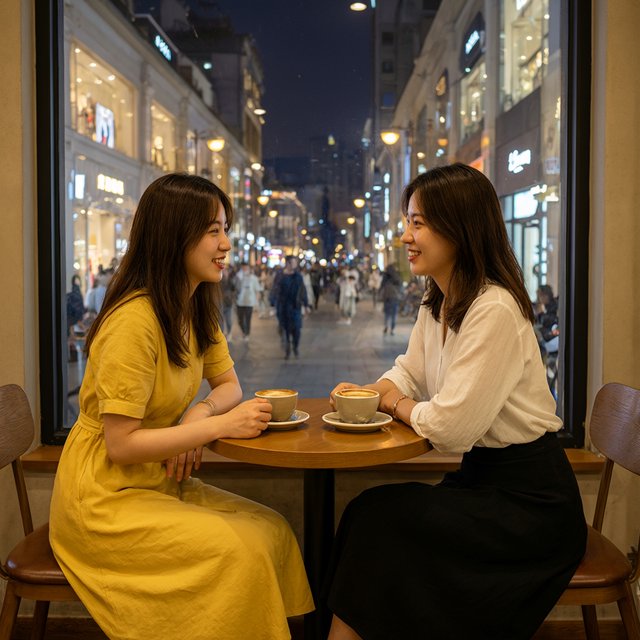 A cozy nighttime café scene featuring two young adult Chinese women seated at a table by a window. One wears a yellow dress, and the other, seated opposite her, wears a white blouse and black skirt. They are chatting warmly with each other, with two cups of coffee on the table. Outside the window, a lively shopping street glows with evening lights, creating a relaxed, intimate, and cinematic atmosphere. — Qwen Image 3.0 Pro