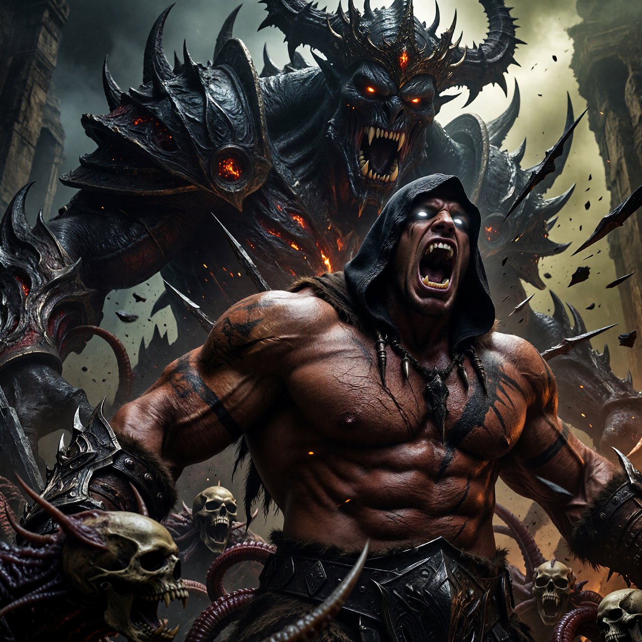 A colossal muscular berserker erupts in a primal roar, framed from the waist upward at a dramatic low angle. His head tilts back, glowing ivory eyes fixed upward, mouth stretched impossibly wide with clearly defined teeth and a cavernous dark interior. A close-fitting black hood frames his angular face, while his bare bronze-red torso displays monumental musculature, fine scars, and jagged surface fissures. Both upper arms thrust outward, elbows and hands beyond the frame, creating a broad, forceful silhouette. Behind him looms a towering obsidian demon with a crown of needlelike horns, scattered ember eyes, a serrated grin, and massive shoulders formed from twisted organic armor. Smaller snarling creatures coil across the lower foreground, their skull-like heads and hooked tendrils overlapping his waist. Razor-shaped fragments sweep diagonally through the scene, directing attention toward his illuminated face and chest. A ruined abyss recedes through smoky olive-green and charcoal haze. — ImagineArt 1.5 Pro