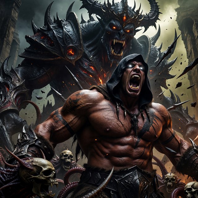 A colossal muscular berserker erupts in a primal roar, framed from the waist upward at a dramatic low angle. His head tilts back, glowing ivory eyes fixed upward, mouth stretched impossibly wide with clearly defined teeth and a cavernous dark interior. A close-fitting black hood frames his angular face, while his bare bronze-red torso displays monumental musculature, fine scars, and jagged surface fissures. Both upper arms thrust outward, elbows and hands beyond the frame, creating a broad, forceful silhouette. Behind him looms a towering obsidian demon with a crown of needlelike horns, scattered ember eyes, a serrated grin, and massive shoulders formed from twisted organic armor. Smaller snarling creatures coil across the lower foreground, their skull-like heads and hooked tendrils overlapping his waist. Razor-shaped fragments sweep diagonally through the scene, directing attention toward his illuminated face and chest. A ruined abyss recedes through smoky olive-green and charcoal haze. — ImagineArt 1.5 Pro