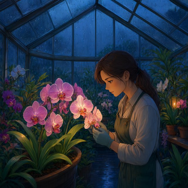 Rain beads on a rooftop greenhouse as an adult botanist studies luminous night-blooming orchids beneath glass panes; cel-shaded anime illustration in digital paint, palette of jade, magenta, indigo, and warm amber. — Qwen Image 3.0