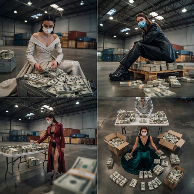 Adult women wearing masks (the kind you wear when you have a cold), in a warehouse, all wearing the kinds of outfits you would see models wear on a runway, counting lots of money (money is seen everywhere, on tables, on the floor, etc.). At least 4 different POVs. — Ideogram v4