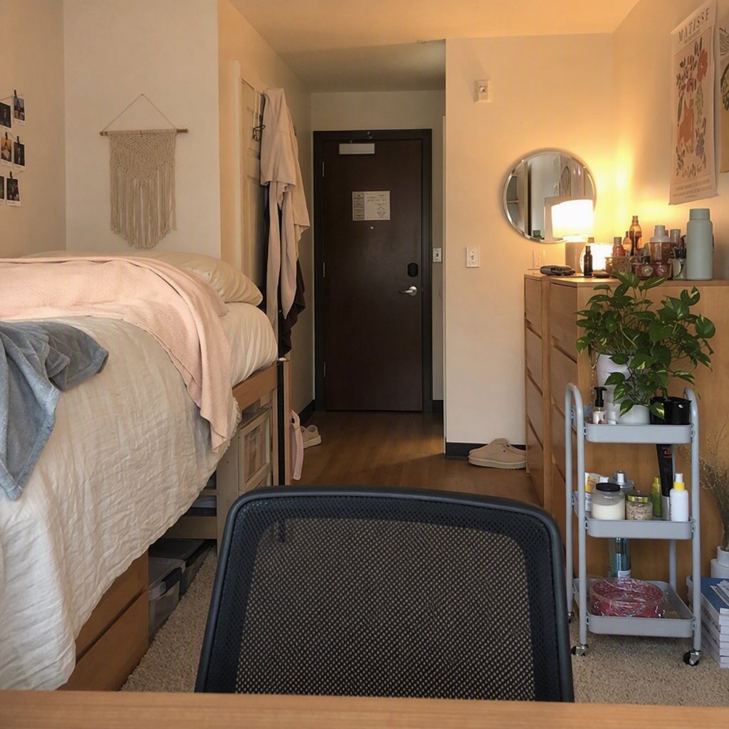 A dorm room belonging to an adult woman, photographed with a cell phone. The camera is sitting on a desk facing the empty chair and the rest of the room. — GPT Image 2