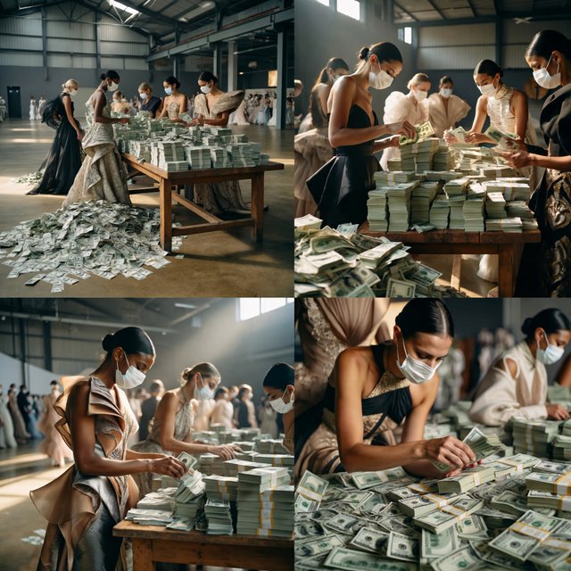 Adult women wearing masks (the kind you wear when you have a cold), in a warehouse, all wearing the kinds of outfits you would see models wear on a runway, counting lots of money (money is seen everywhere, on tables, on the floor, etc.). At least 4 different POVs. — ImagineArt 2