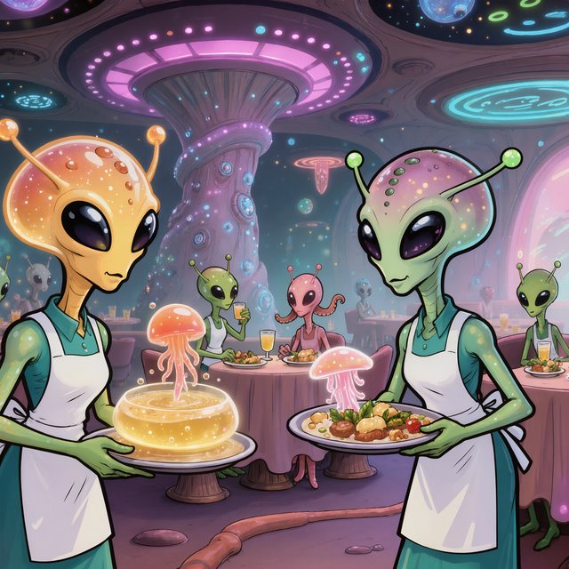 An alien restaurant on a strange planet. The interior is well lit, but the décor is very strange and out of this world. Alien waitresses are bringing in platters of food. Alien diners are eating very unusual dishes. — Kling v3 Omni