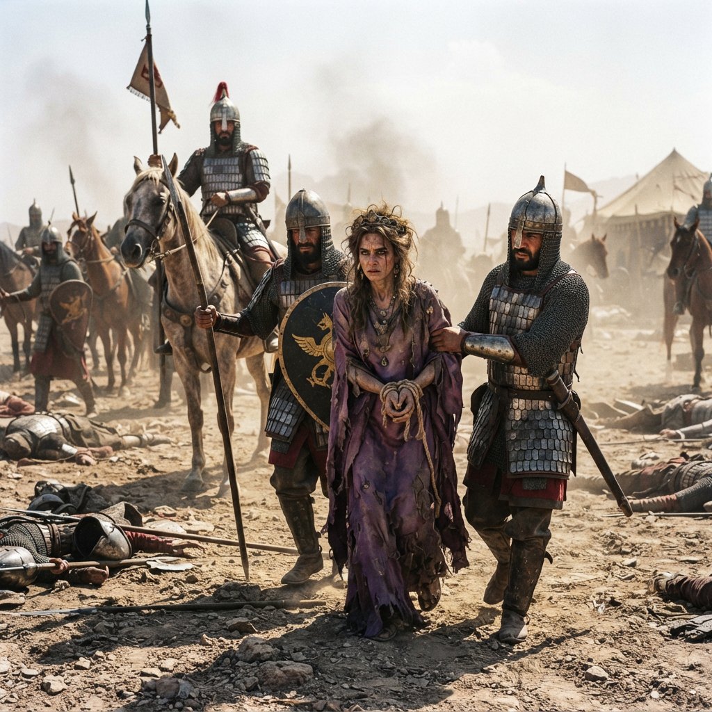 Film capture. Cinematic scene of the Byzantine empress being captured by Sassanid cataphracts. Harsh desert lighting. Shallow depth of field. The image takes place in the aftermath of a battle. All of the subjects are dusty and disheveled. — Nano Banana 2 Lite