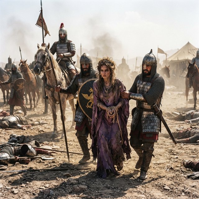 Film capture. Cinematic scene of the Byzantine empress being captured by Sassanid cataphracts. Harsh desert lighting. Shallow depth of field. The image takes place in the aftermath of a battle. All of the subjects are dusty and disheveled. — Nano Banana 2 Lite
