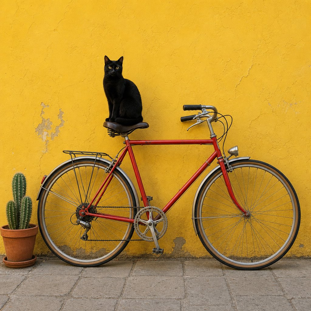 A red bicycle leaning against a yellow wall, a black cat sitting on the bicycle's saddle, a small potted cactus to the left of the bicycle. — GPT Image 2