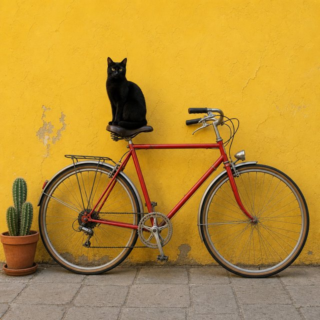 A red bicycle leaning against a yellow wall, a black cat sitting on the bicycle's saddle, a small potted cactus to the left of the bicycle. — GPT Image 2