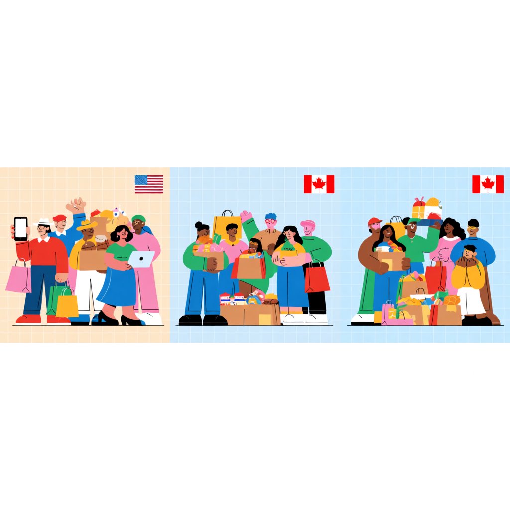 Realistic. Adults in the U.S., Canada, and Asia getting a ton of expensive free stuff (phones, PCs, nice food, and all kinds of other things). 4–6 panels. The adults react in the way one would expect as a result. — Krea 2 Medium