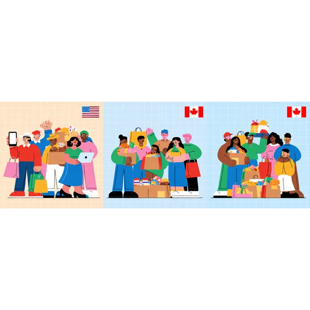 Realistic. Adults in the U.S., Canada, and Asia getting a ton of expensive free stuff (phones, PCs, nice food, and all kinds of other things). 4–6 panels. The adults react in the way one would expect as a result. — Krea 2 Medium