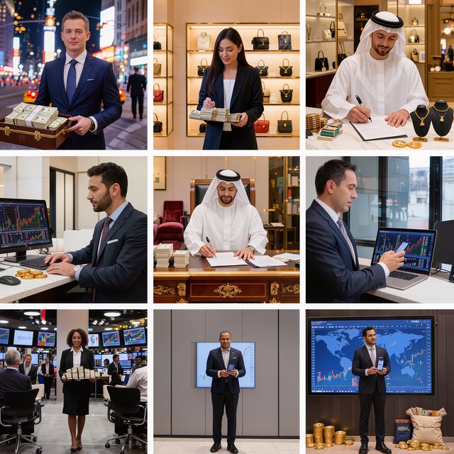 An image about people making a lot of money around the world, shown in 4–6 scenes. Realistic image. — Kling v3