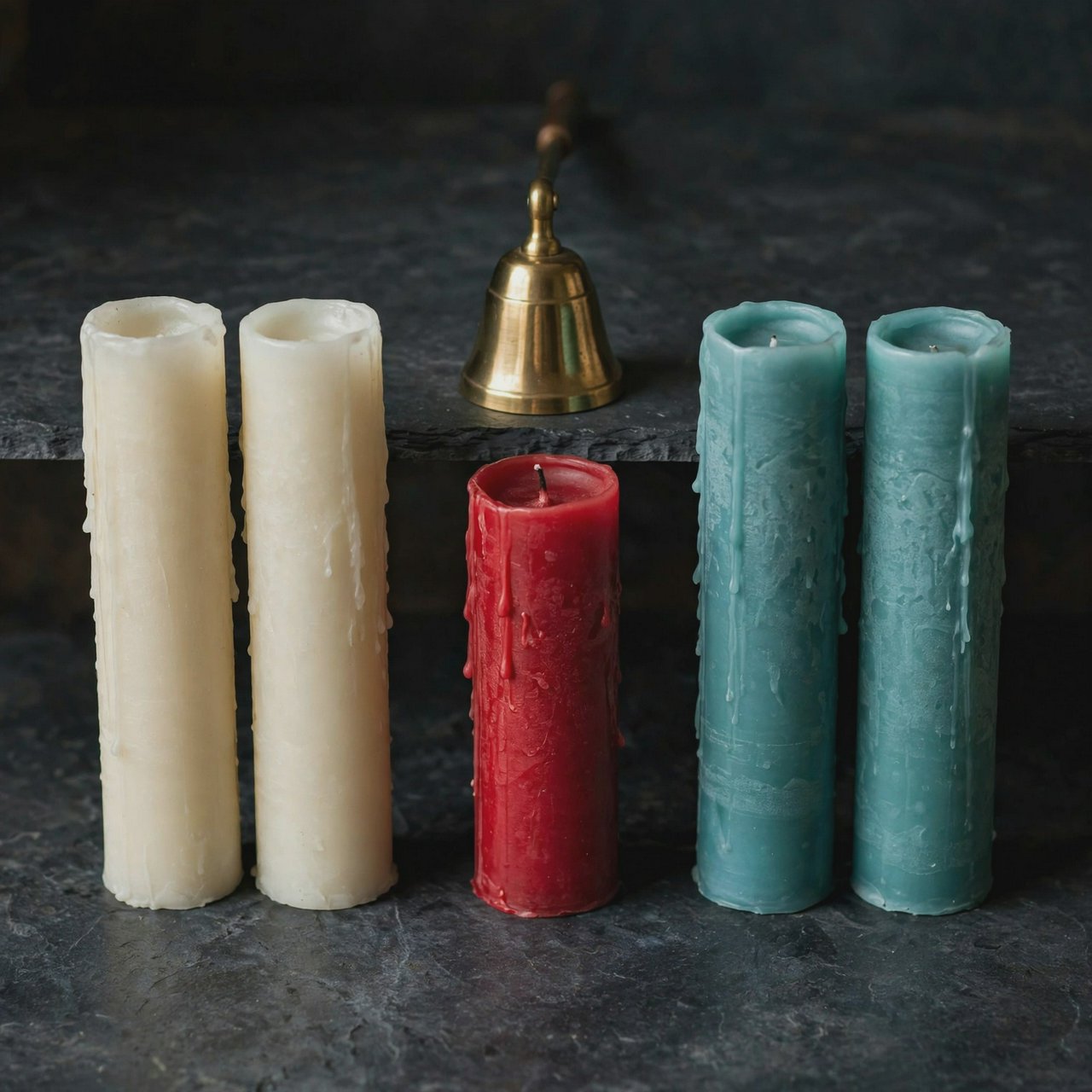 Exactly five candles stand on a dark slate tabletop: two ivory candles on the left, one red candle in the center, and two teal candles on the right. A brass snuffer sits above the red candle, nothing else. — Muse Image 1.0