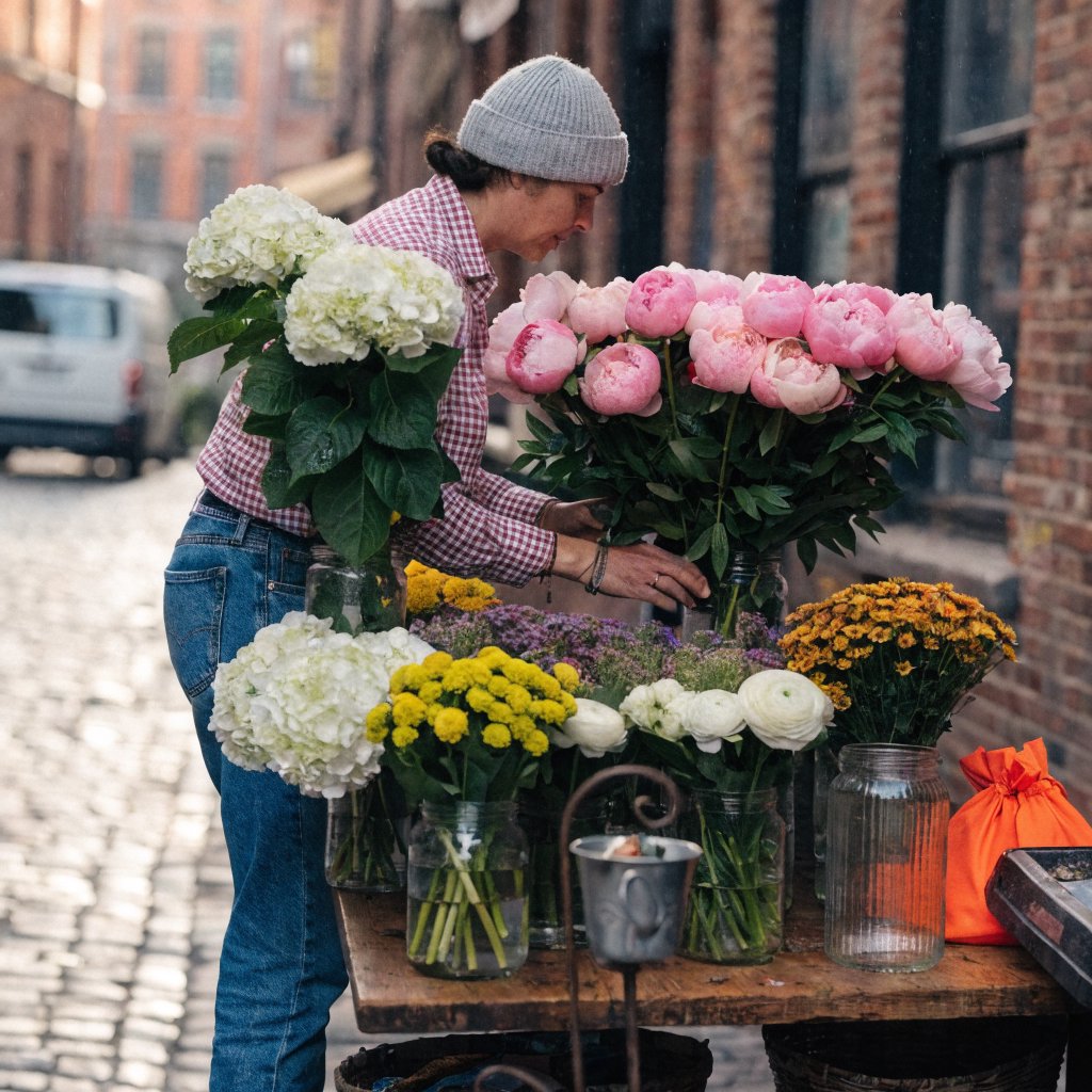 Candid documentary photograph of an adult florist arranging loose stems at an outdoor market stall, soft early-morning side light, 50mm lens with shallow depth of field, tiny water droplets beading on the cut leaves. — Recraft v4