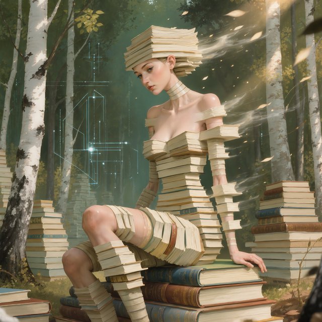 Create an adult odalisque entirely made of anthologies. The odalisque is formed from an anthology, with movement and motion blur that clearly shows its composition. The material should appear high quality, with dappled sunlight. The background is a birch forest, and the overall mood is Futurism. — Kling v3 Omni