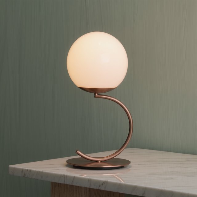 Commercial product photograph of an unbranded sculptural desk lamp with a frosted opal glass globe and brushed copper stem, standing on a pale travertine surface against a muted sage background, illuminated by soft overhead diffusion and a delicate warm rim light. — Kling v3 Omni