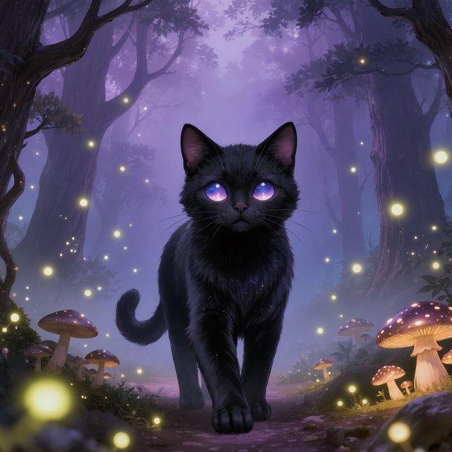 A sleek, obsidian cat with fur that seems to absorb all light, walks with quiet grace through a tranquil, mist-shrouded forest. Its eyes glow with an inner cosmic energy, reflecting distant nebulae. Ethereal fireflies drift around it, illuminating ancient, gnarled trees and glowing mushrooms. The style is deeply atmospheric, emphasizing soft focus and a palette of deep purples and blues. — Kling v3 Omni