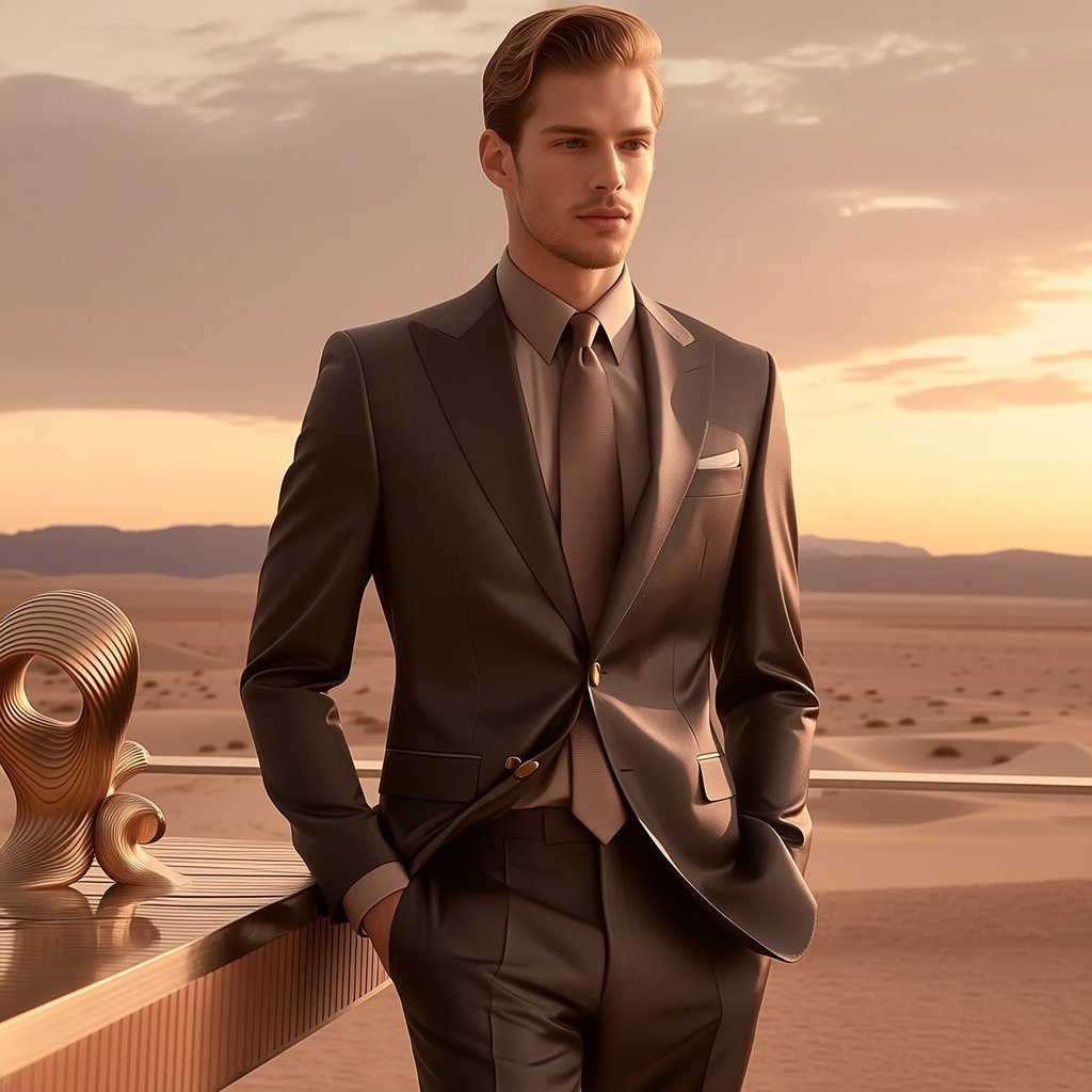 Editorial glamour photograph of an adult man in a charcoal evening suit with a muted copper tie, standing at ease beside a desert art installation, flattering sunset light warming the sculptural landscape, composed expression and refined magazine atmosphere. — Midjourney Niji 7