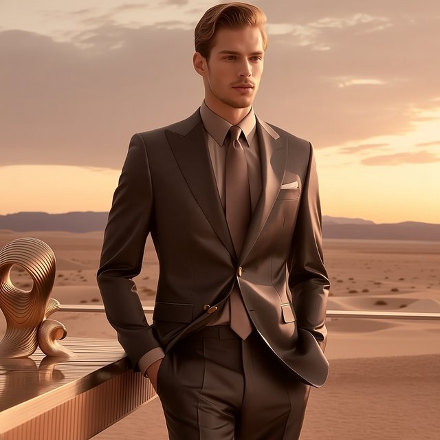 Editorial glamour photograph of an adult man in a charcoal evening suit with a muted copper tie, standing at ease beside a desert art installation, flattering sunset light warming the sculptural landscape, composed expression and refined magazine atmosphere. — Midjourney Niji 7