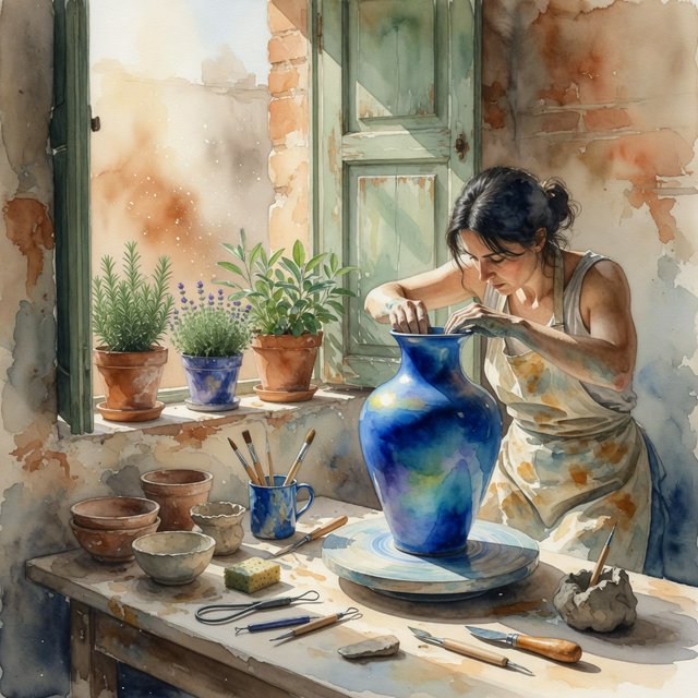 Watercolour illustration of an adult ceramicist shaping a luminous blue vessel beside an open workshop window, surrounded by clay tools, potted herbs, and sunlit terracotta walls. Palette of cobalt, ochre, sage, and cream, with soft flowing brushwork. — Grok Imagine Image Quality