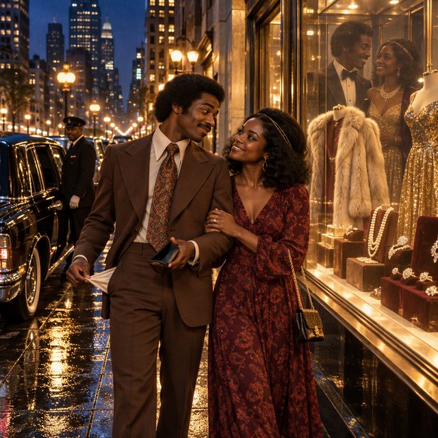 Cinematic city scene at night, with the glamour of 1970s soul romance. In the foreground, a young Black man in a modest brown wide-lapel suit smiles at his adult beloved, playfully turning out his empty trouser pocket while holding an almost-empty wallet. His adult girlfriend wears a burgundy patterned dress and delicate hairband; she holds his arm and gazes at him lovingly, unconcerned by his lack of money. Beside them, a grand department-store window glows amber, displaying a luxurious fur coat, regal evening gown, diamond rings and strings of pearls. In the glass, their reflections appear elegantly dressed, hinting at the lavish life he dreams of giving her. A polished black limousine waits at the curb beside a uniformed chauffeur. Wet pavement mirrors golden lights; deep blue city buildings balance the amber, cream and burgundy palette. Warm, joyful, sincere mood; realistic faces and hands, detailed fabrics and reflections. No text, borders or collage. — GPT Image 2.5 Sunburst