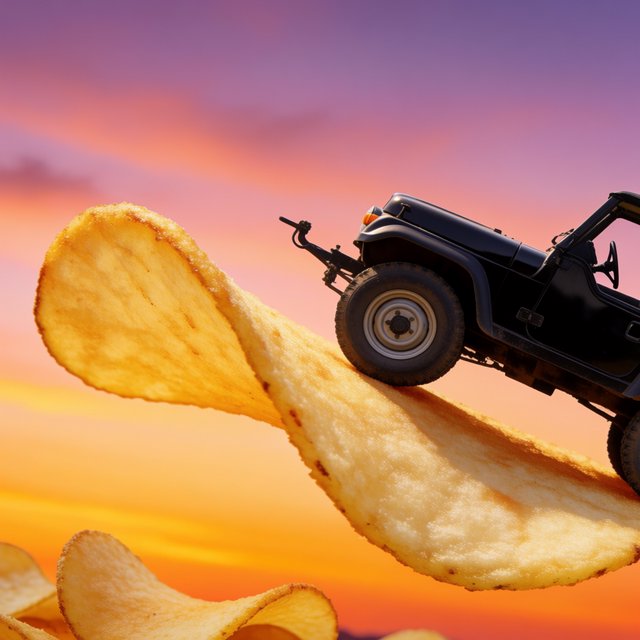 A creative promotional poster for potato chips featuring a forced perspective effect. — Krea 2 Medium