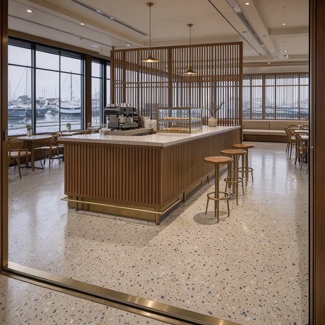 Inside an empty harbor café, restrained Danish modern design pairs ash slat screens, pale terrazzo, and brushed brass; overcast window light reaches the counter, viewed from the entrance, with aligned joinery and believable supports. — Model 2