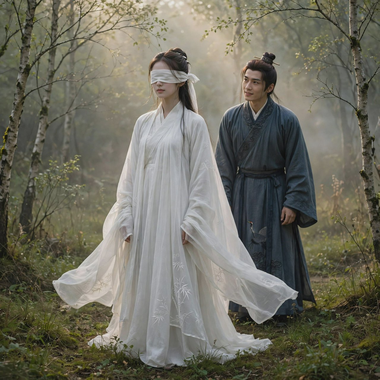 A beautiful young adult woman in flowing white hanfu stands quietly in a sparse forest, blindfolded with a soft white cloth. Grass surrounds her feet, and the scene feels calm, mysterious, and poetic. A few steps behind her stands a young adult male Taoist in traditional robes, gazing at her with a mesmerized, captivated expression. Gentle natural light filters through the thin trees, creating an ethereal atmosphere. Cinematic, elegant, emotionally evocative. — Muse Image 1.0