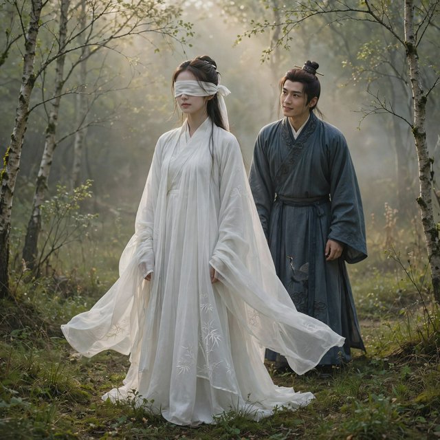A beautiful young adult woman in flowing white hanfu stands quietly in a sparse forest, blindfolded with a soft white cloth. Grass surrounds her feet, and the scene feels calm, mysterious, and poetic. A few steps behind her stands a young adult male Taoist in traditional robes, gazing at her with a mesmerized, captivated expression. Gentle natural light filters through the thin trees, creating an ethereal atmosphere. Cinematic, elegant, emotionally evocative. — Muse Image 1.0