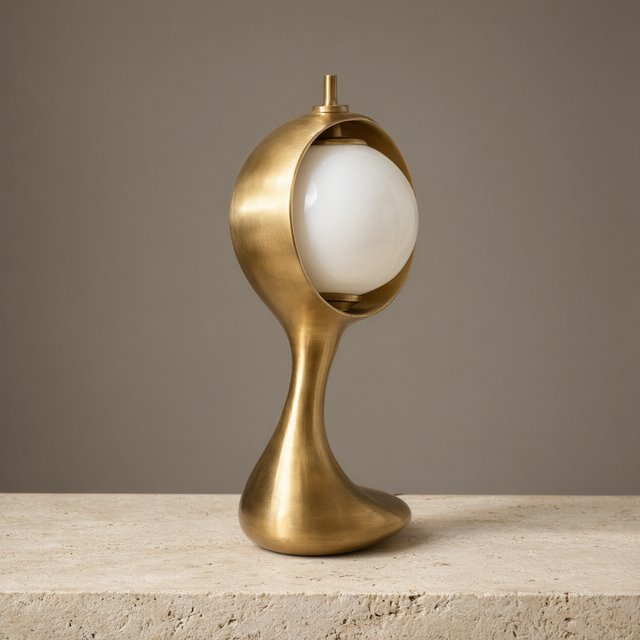 Commercial product photograph of an unbranded sculptural desk lamp made from brushed brass and opal glass, resting on pale travertine, against a warm gray background, with soft diffused light from upper left and gentle grounding shadow. — Qwen Image 3.0 Pro