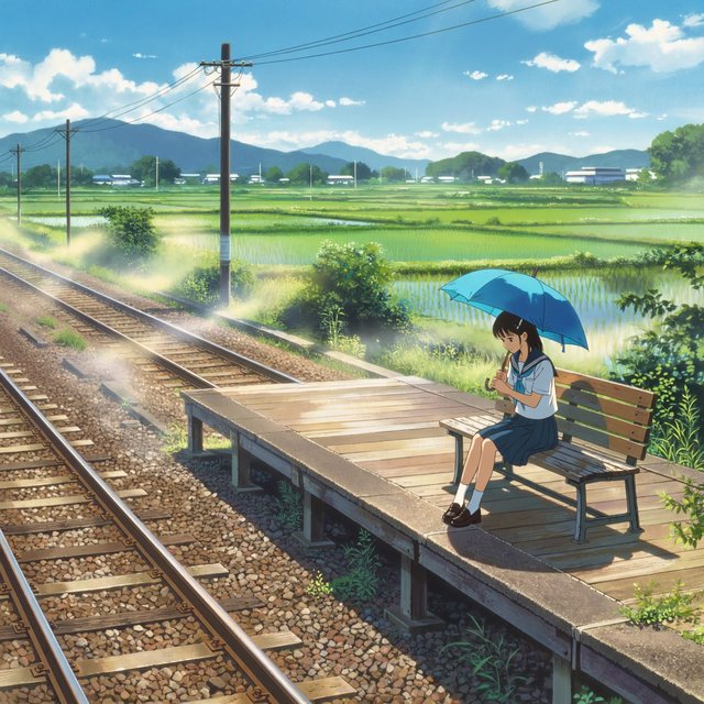Anime-style illustration of a girl with a blue umbrella waiting at a rural train station in summer, cicadas implied by heat haze, cel shading. — ImagineArt 2