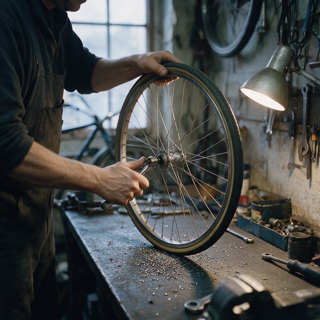Candid documentary photograph of an adult bicycle mechanic tightening a wheel in a modest repair shop, cool window light mixing with a warm work lamp, 35mm lens with moderate depth of field, fine metal filings caught on the workbench. — Seedream 5.0 Pro