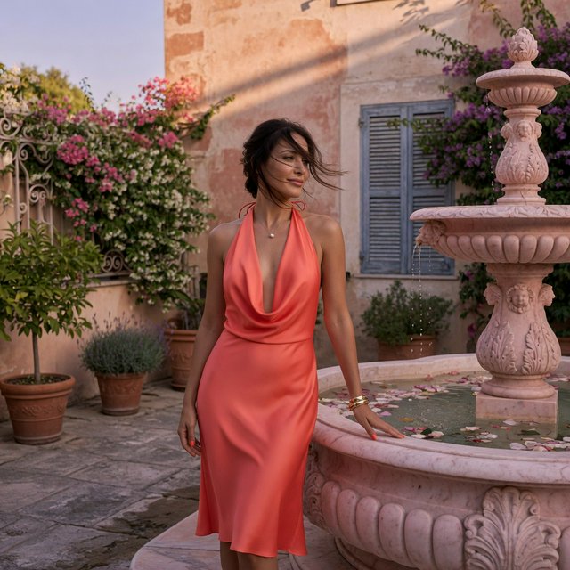 Editorial glamour photograph of one adult woman in a coral halter evening dress, standing naturally beside a marble fountain in a Mediterranean courtyard, flattering late-afternoon light, soft shadows, wind-swept hair, serene expression, sophisticated fashion-magazine atmosphere. — Grok Imagine Image Quality