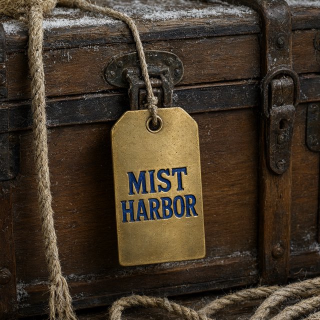 A brass luggage tag hangs from a weathered sea chest in a harbor loft, its face bearing “MIST HARBOR” in deeply stamped blue capitals; ropes and salt-crusted fittings surround it, with no other writing visible. — Qwen Image 3.0 Pro