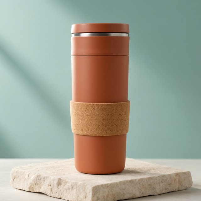 Commercial product photograph of an unbranded insulated travel mug made from matte terracotta powder-coated steel with a cork grip, standing on a pale limestone slab against a soft teal background, lit by broad diffused window light and a gentle edge light. — Qwen Image 3.0