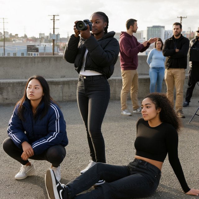 Realistic adult Korean, Black, and mixed-race female rappers filming a music video, all wearing fitted clothes. The music video is about how they are making money and are set to rule, with a really cool, laid-back vibe, shown from many angles. — Krea 2 Large