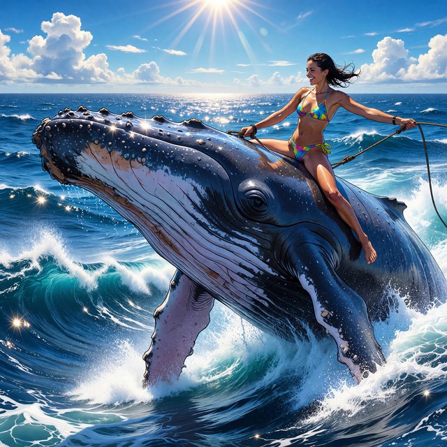 Anime-style illustration of an adult young woman confidently balancing on the broad back of a massive humpback whale as it swims across the open ocean. She wears a stylish two-piece bikini appropriate for a sunny tropical setting, with wet hair and subtle water droplets catching the light. One hand grips a sturdy tether secured near the whale's dorsal area, using it to maintain her balance as the whale moves through the waves, while her other arm extends naturally for stability. The whale is enormous and majestic, its dark blue-gray skin covered in realistic texture, scars, and subtle highlights. Its powerful body breaks partially above the rolling ocean surface, creating a sweeping trail of white foam and spray behind it. The woman looks exhilarated and joyful, her expression conveying adventure and freedom rather than fear. Vast open sea stretches toward the horizon beneath a brilliant blue sky with scattered white clouds. Sunlight sparkles across the water — ImagineArt 1.5 Pro
