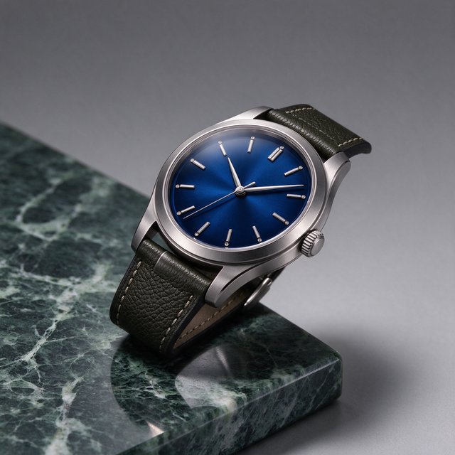 Commercial product photograph of an unbranded mechanical wristwatch with a brushed titanium case and deep blue enamel dial, resting on dark green marble against a soft gray background, illuminated by a large diffused softbox and narrow edge light. — Seedream 5.0 Flash