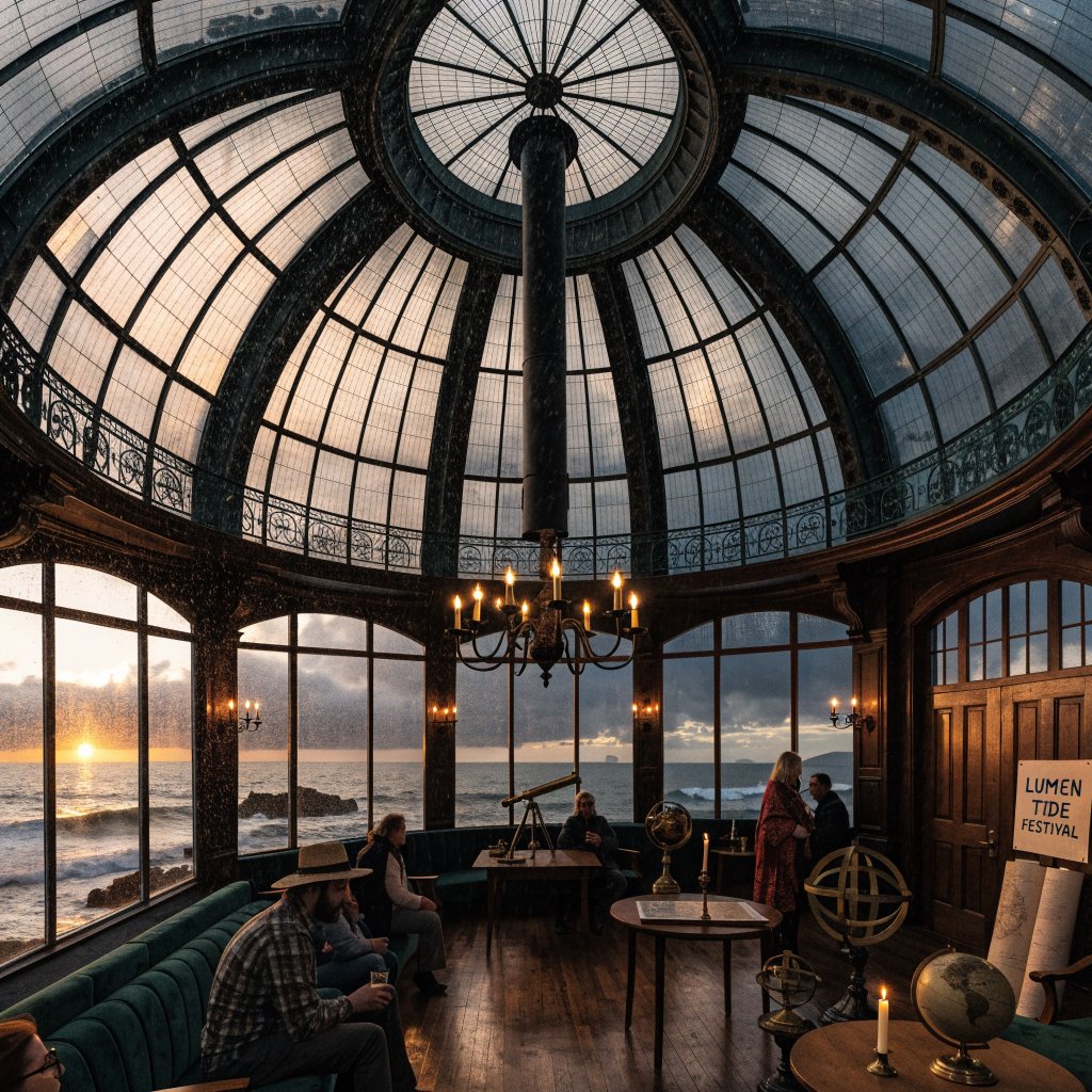 At a restored seaside observatory, a twilight meteor-watching event fills the domed hall with brass instruments, star charts, and velvet benches; "LUMEN TIDE FESTIVAL" is hand-printed in deep blue ink across a cream paper announcement beside the entrance. — Recraft v4