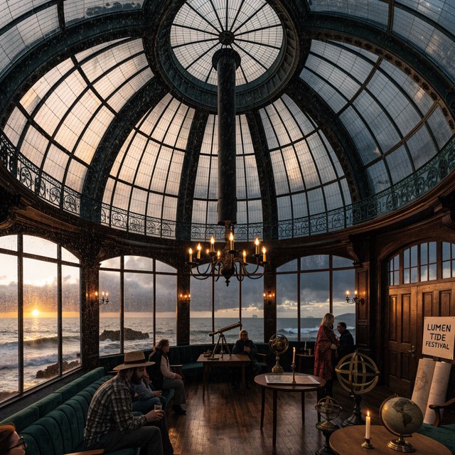 At a restored seaside observatory, a twilight meteor-watching event fills the domed hall with brass instruments, star charts, and velvet benches; "LUMEN TIDE FESTIVAL" is hand-printed in deep blue ink across a cream paper announcement beside the entrance. — Recraft v4