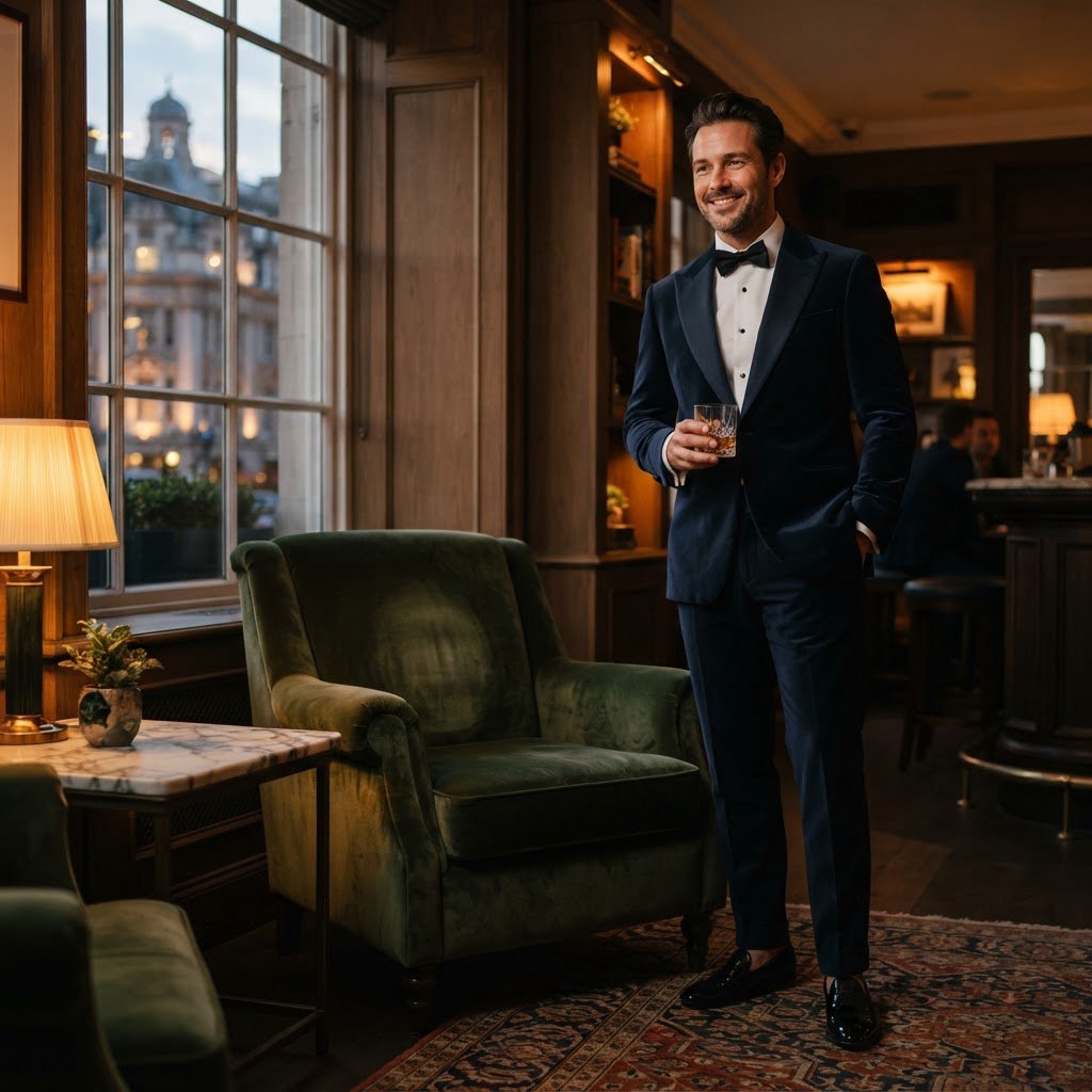 Editorial glamour photograph of an adult man in a midnight-blue tuxedo, standing naturally beside a velvet chair in a quiet hotel lounge, flattering amber window light, relaxed expression, polished magazine composition. — Nano Banana 2 Lite