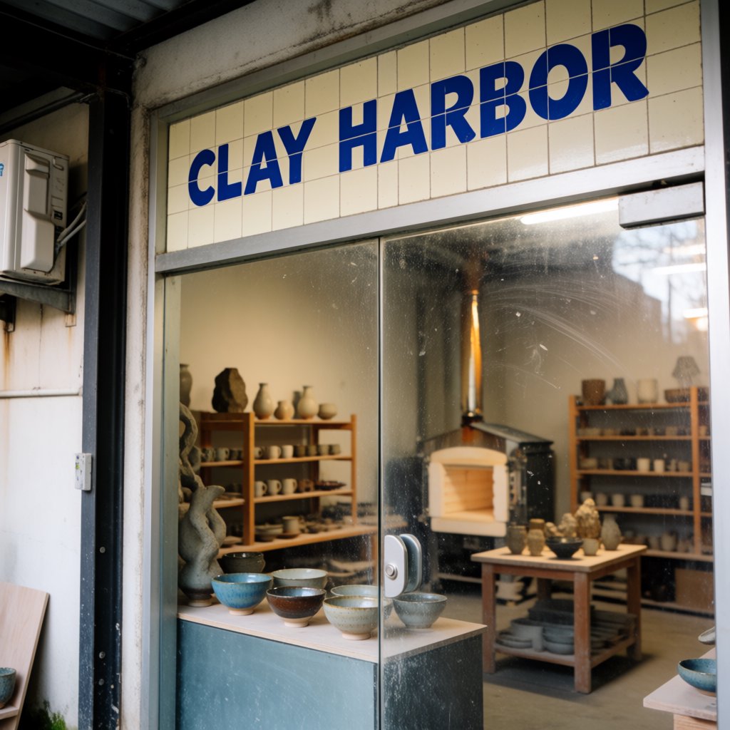 A sunlit ceramicist's studio storefront displays glazed bowls behind dusty glass doors; "CLAY HARBOR" is printed in cobalt-blue block letters across a cream tile transom above the entrance, with kiln warmth glowing inside. — Krea 2 Medium