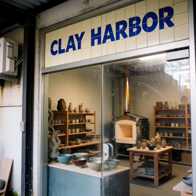 A sunlit ceramicist's studio storefront displays glazed bowls behind dusty glass doors; "CLAY HARBOR" is printed in cobalt-blue block letters across a cream tile transom above the entrance, with kiln warmth glowing inside. — Krea 2 Medium