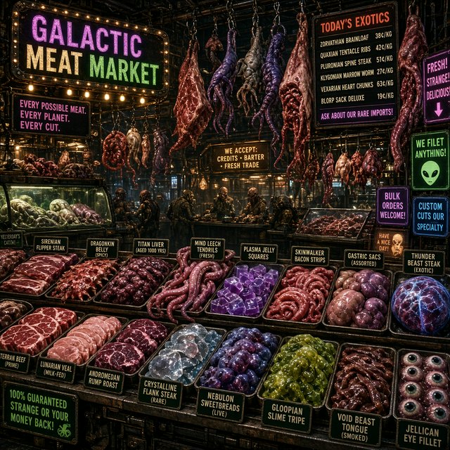 Exotic alien meat market with every possible meat imaginable on sale! — Grok Imagine Image 2