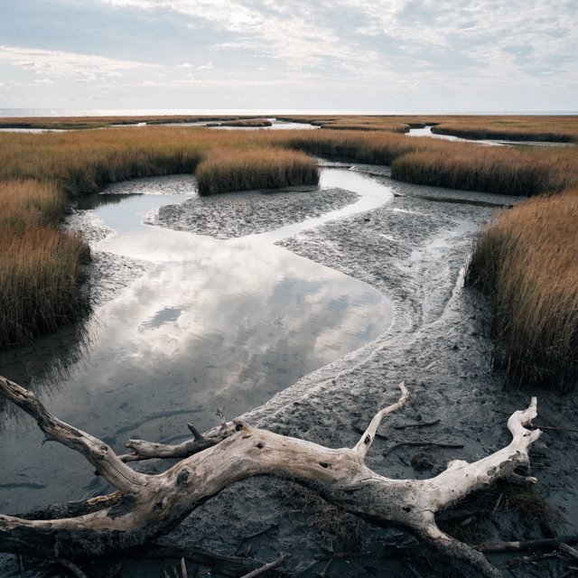 An expansive salt marsh at low tide under a pale overcast afternoon, winding channels reflecting silver sky between russet grasses, a weathered driftwood branch in the foreground, distant reeds and receding mud ridges revealing layered depth and wet natural texture. — Recraft v4