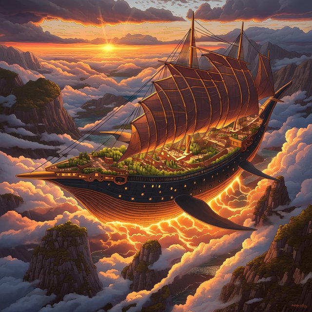 A vast, whale-shaped sky barge sails between mountain spires, its copper ribs supporting gardens and glowing sailcloth. Below, cloud rivers curl around tiny cliff villages as sunset pours through storm breaks, outlining the vessel in molten gold. — Midjourney Niji 7