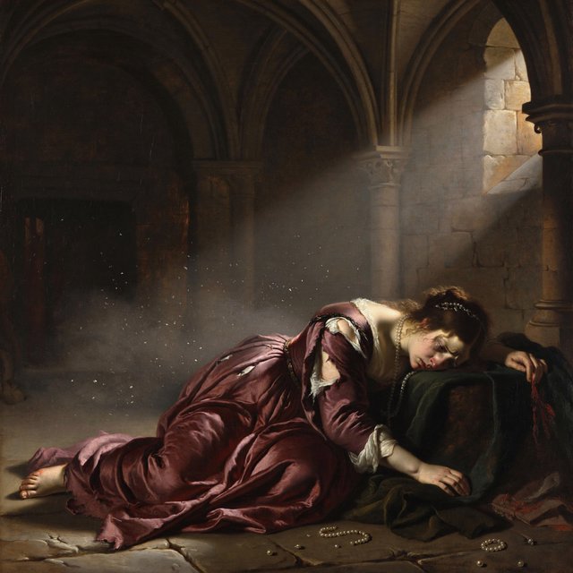 A dramatic cinematic portrait of a fallen noblewoman kneeling in a dimly lit stone chamber, wearing a disheveled dark crimson silk gown, the fabric torn and loose, revealing hints of pale skin, strong chiaroscuro lighting highlighting her silhouette and sorrowful expression, tears, messy hair adorned with broken pearls, atmosphere of despair and silence, oil painting style realism — ImagineArt 2