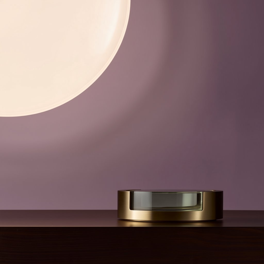 Commercial product photograph of an unbranded sculptural table clock made from satin brass and smoked glass, resting on a dark walnut surface against a muted lavender background, illuminated by a large diffused softbox from the upper left and a subtle rear rim light. — Midjourney Niji 7