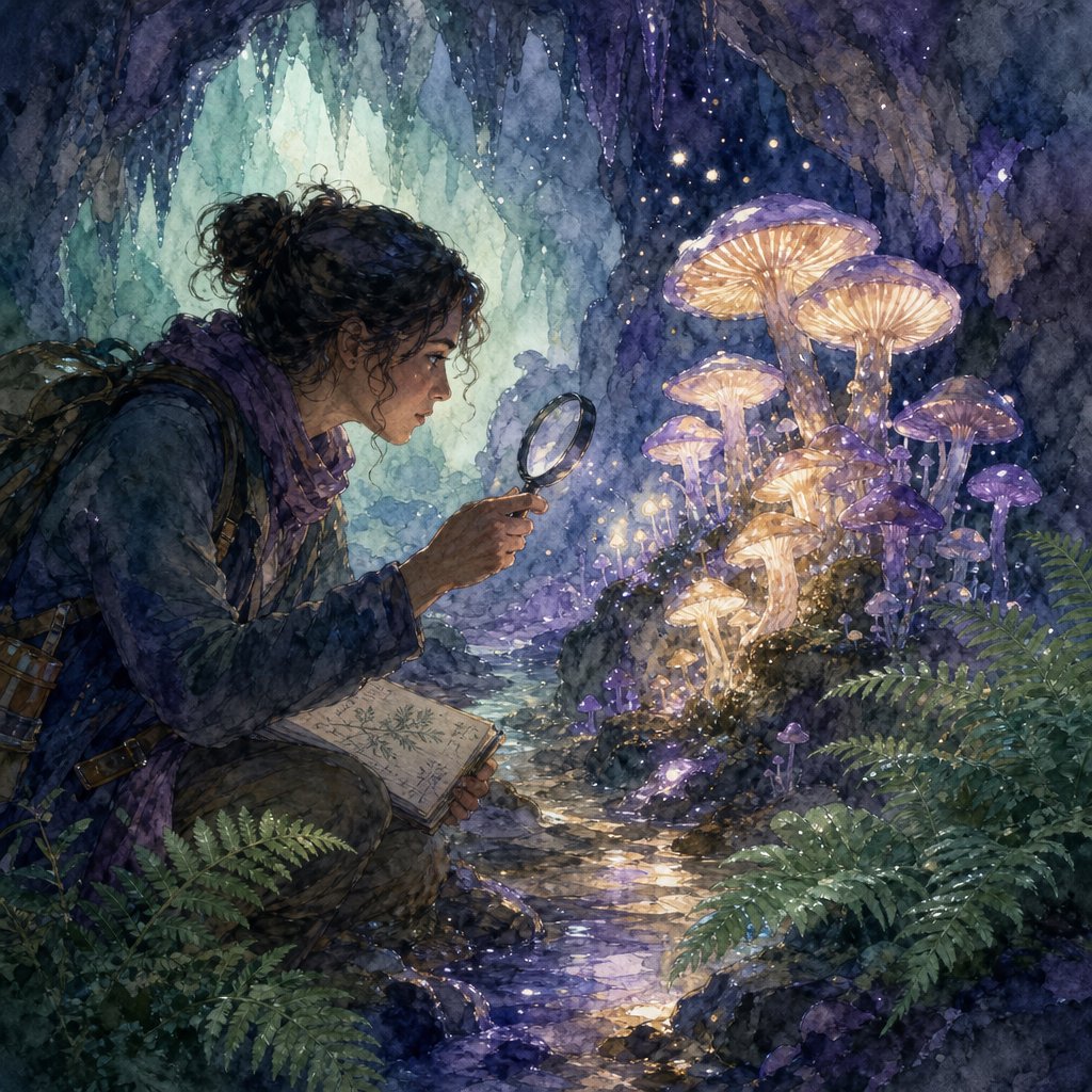 Watercolour illustration of an adult botanist studying luminous fungi in a misty cave, with fern fronds, glistening stone and drifting spores. Palette of jade, lilac, amber, and deep indigo, with translucent washes. — GPT Image 2